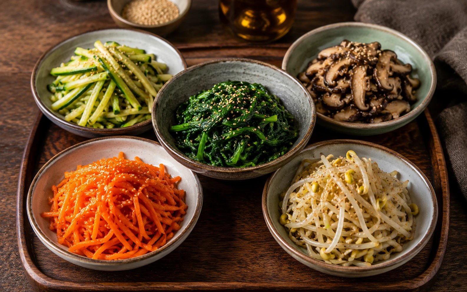 Individual seasoned namul vegetables in separate piles for authentic kimchi bibimbap