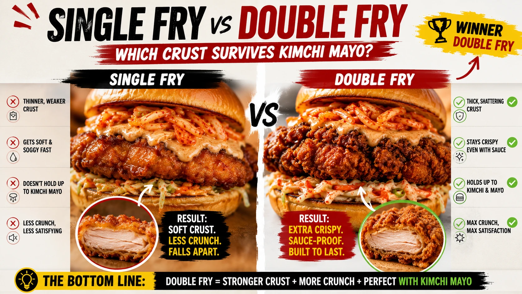 Single fried and double fried kimchi chicken burger coating compared side by side for crispness
