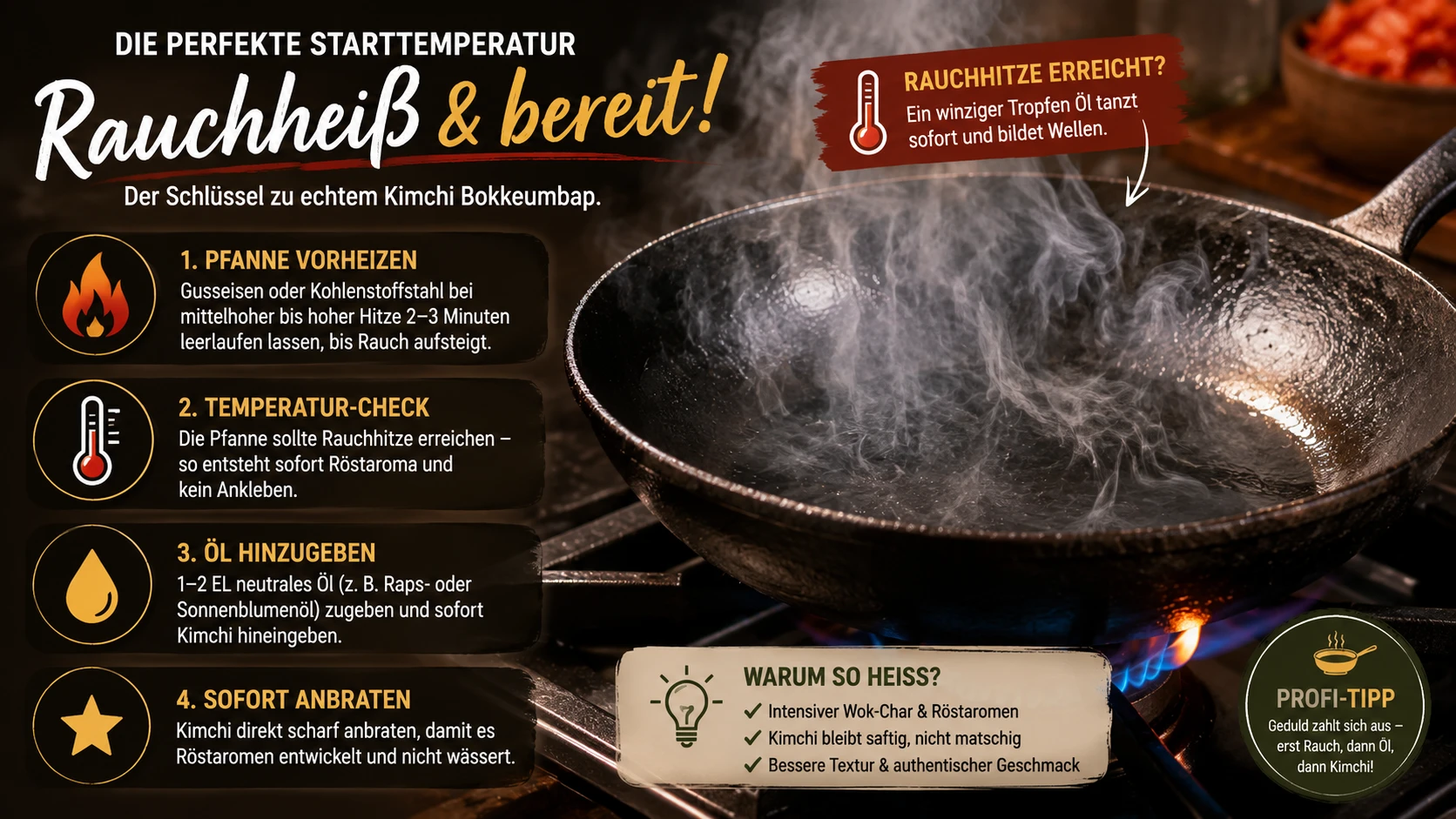 Gusseisenpfanne bei Rauchhitze — die richtige Starttemperatur für klassisches Kimchi Bokkeumbap