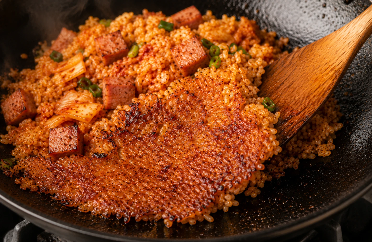 Better nurungji crust from spam fat in kimchi fried rice — golden caramelised rice bottom