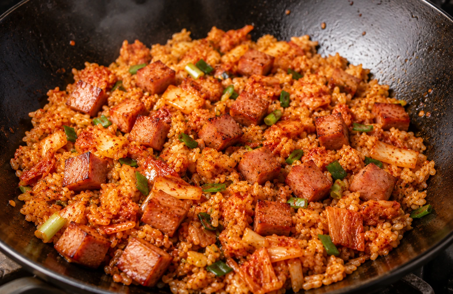 Double umami kimchi and spam combination in Korean fried rice — fermented and cured flavours