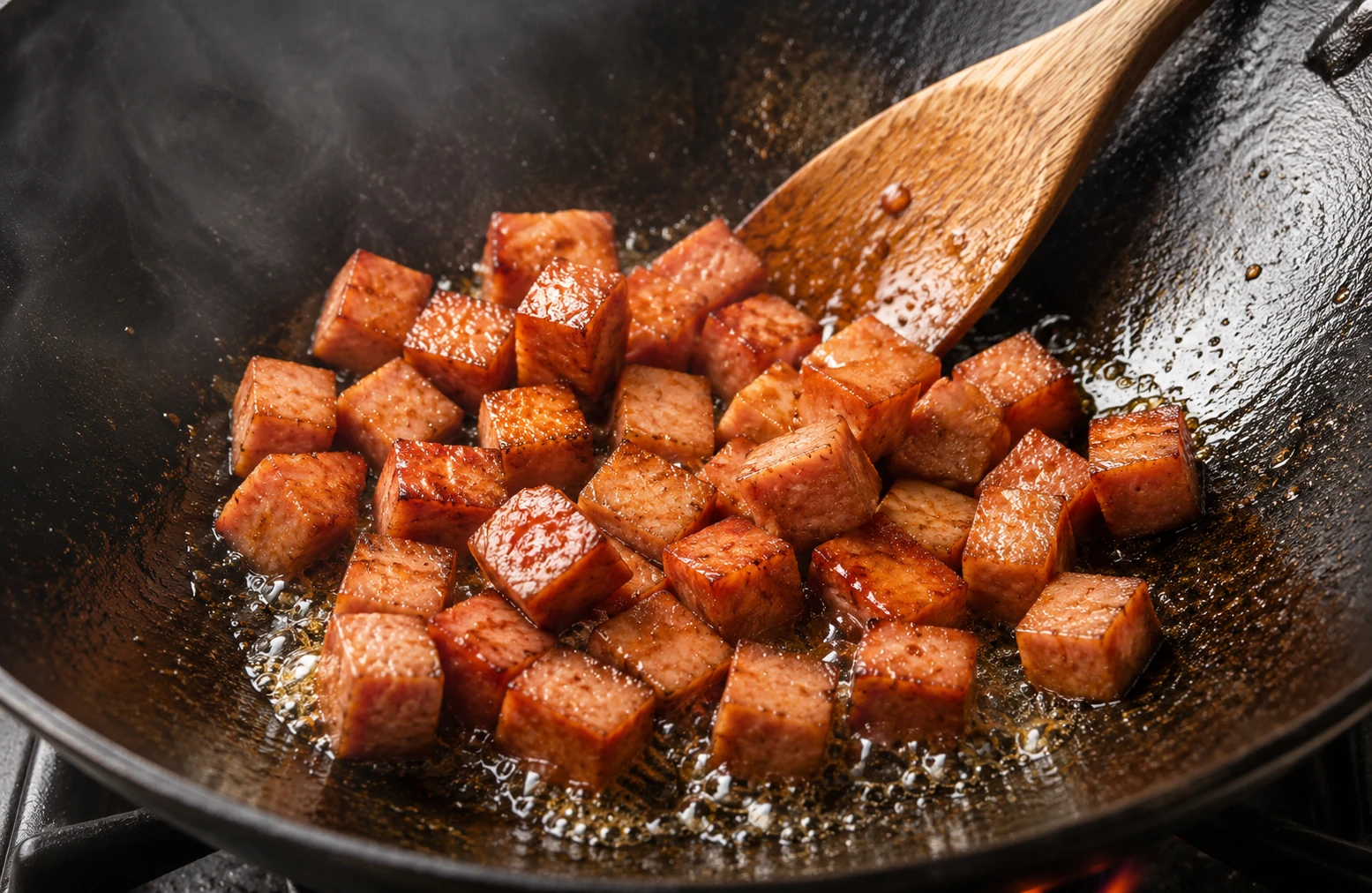 Golden spam cubes rendering fat in cast iron wok — budae kimchi fried rice technique