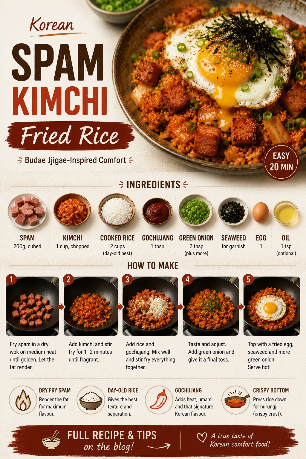 Kimchi spam fried rice golden cubes red gochujang rice runny fried egg spring onions nori