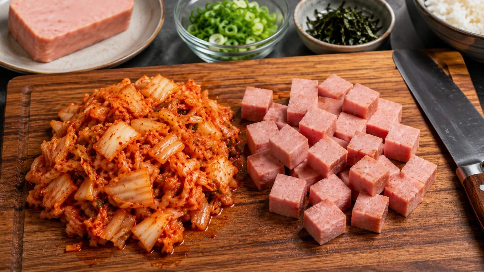 Chopping aged kimchi and cutting spam into 1.5cm cubes for kimchi fried rice with spam