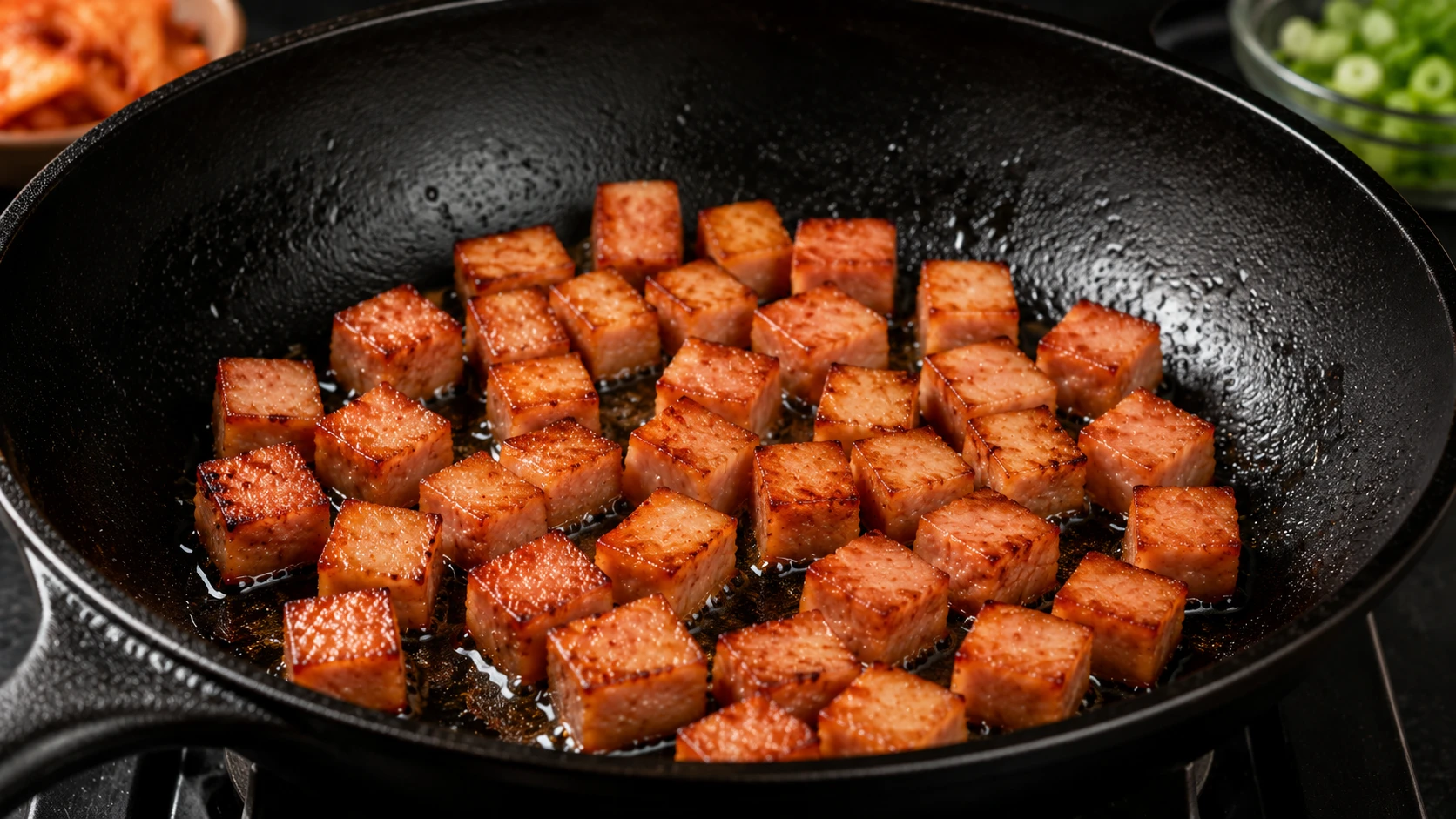 Golden caramelised spam cubes in cast iron wok after frying — fat rendered for kimchi fried rice