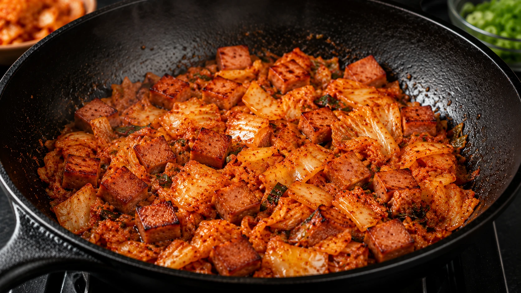 Kimchi caramelising in rendered spam fat in cast iron wok — spam kimchi fried rice technique