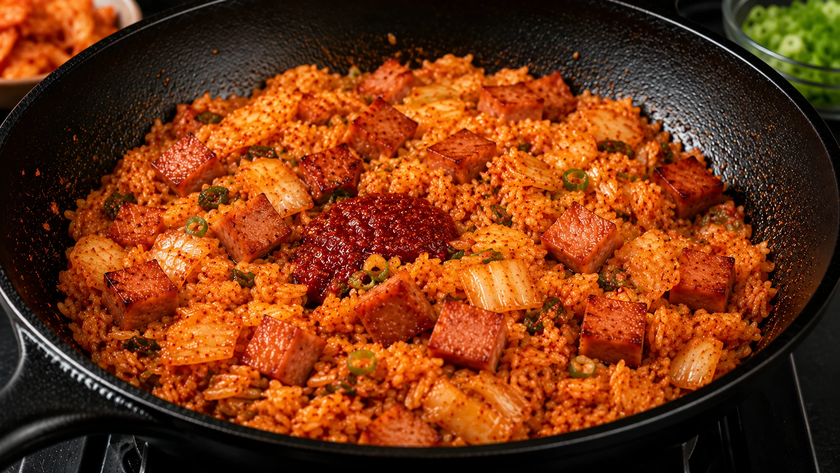 Adding day-old rice to spam kimchi fried rice with toasted gochujang and returning golden spam cubes