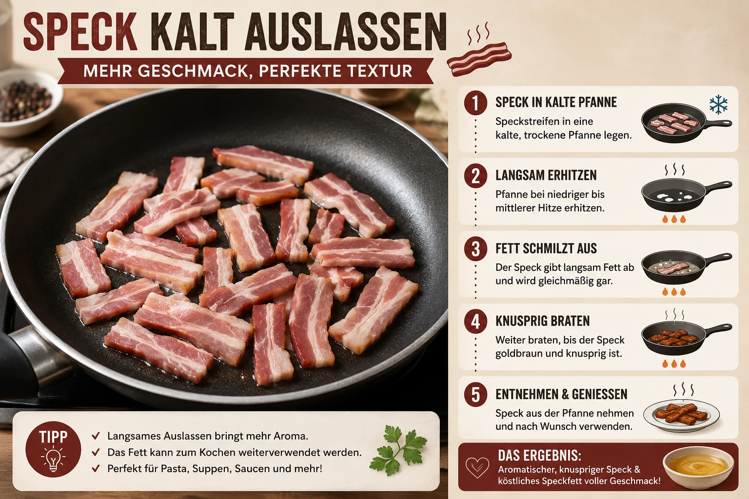 Speckstreifen werden kalt in der Pfanne ausgelassen