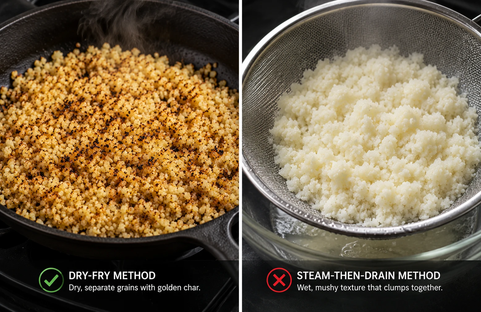 Steam then drain method riced cauliflower comparison mushy texture result