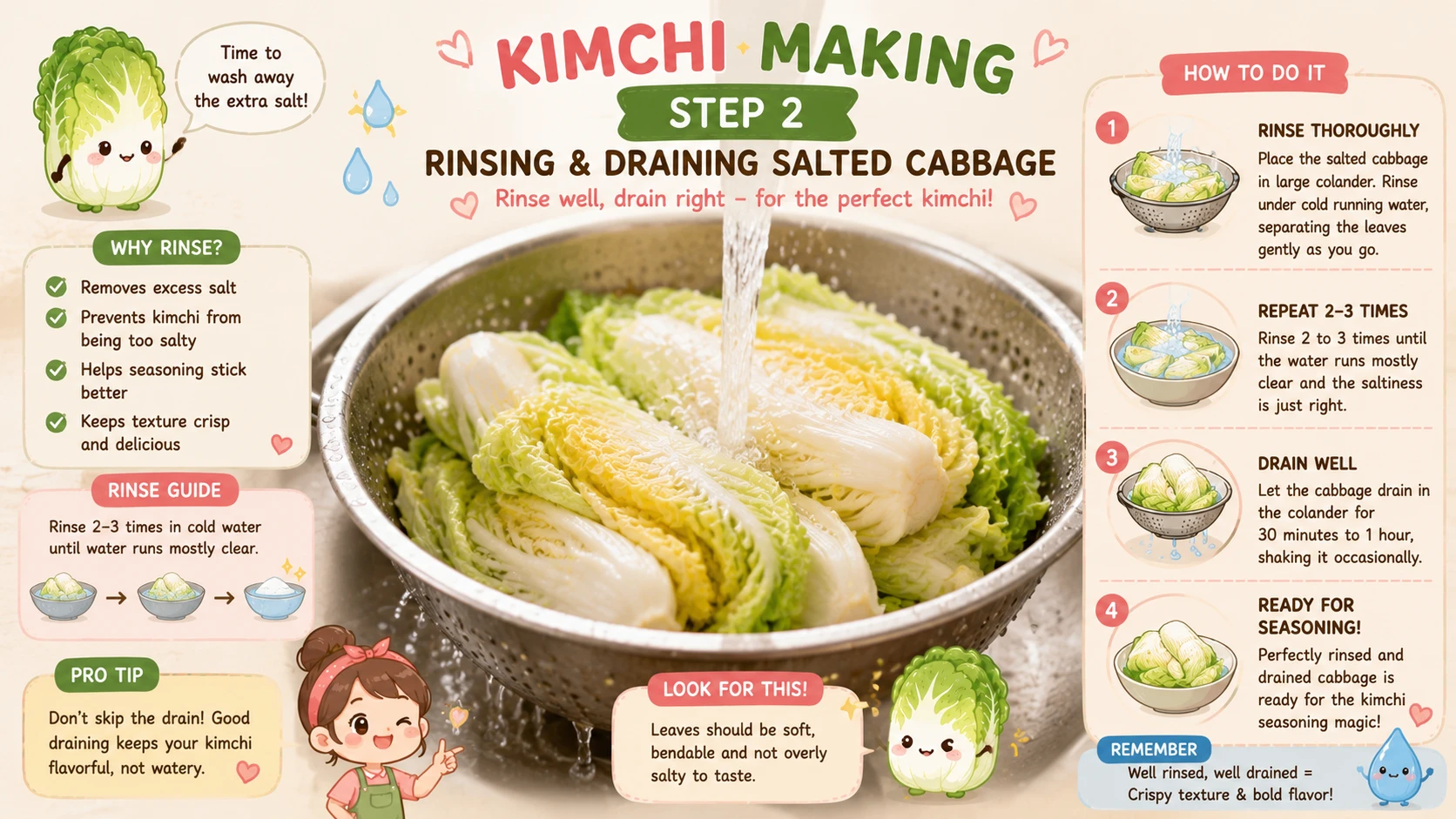 Salted cabbage being rinsed under cold running water in a colander