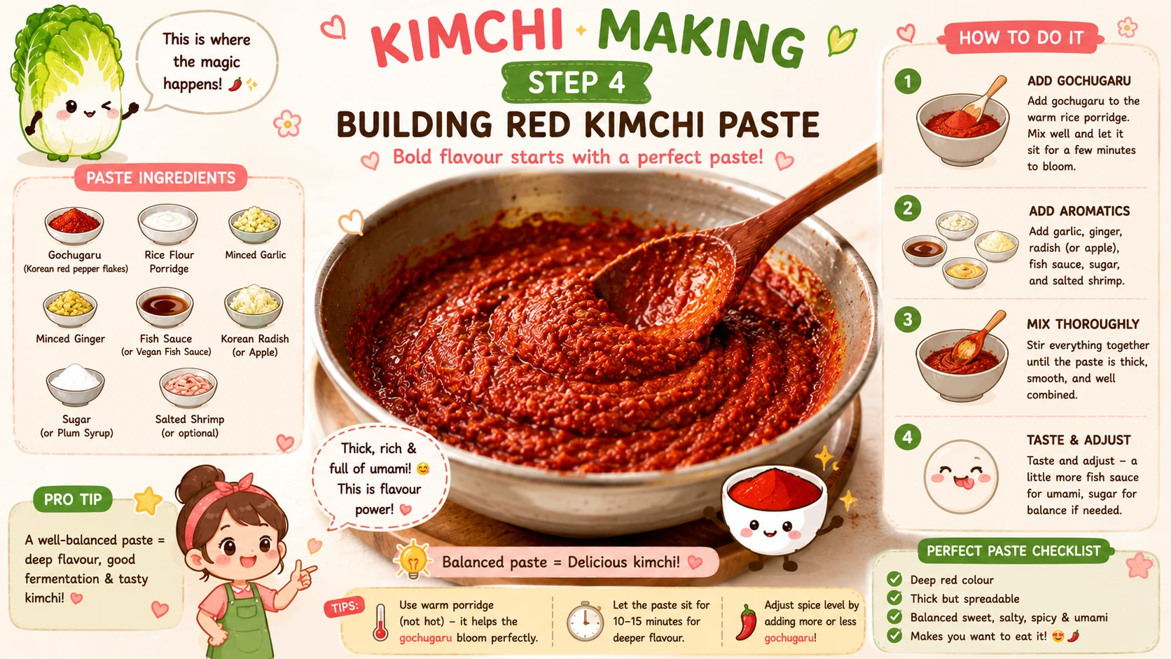 Thick red kimchi paste being mixed in a large bowl with a spoon