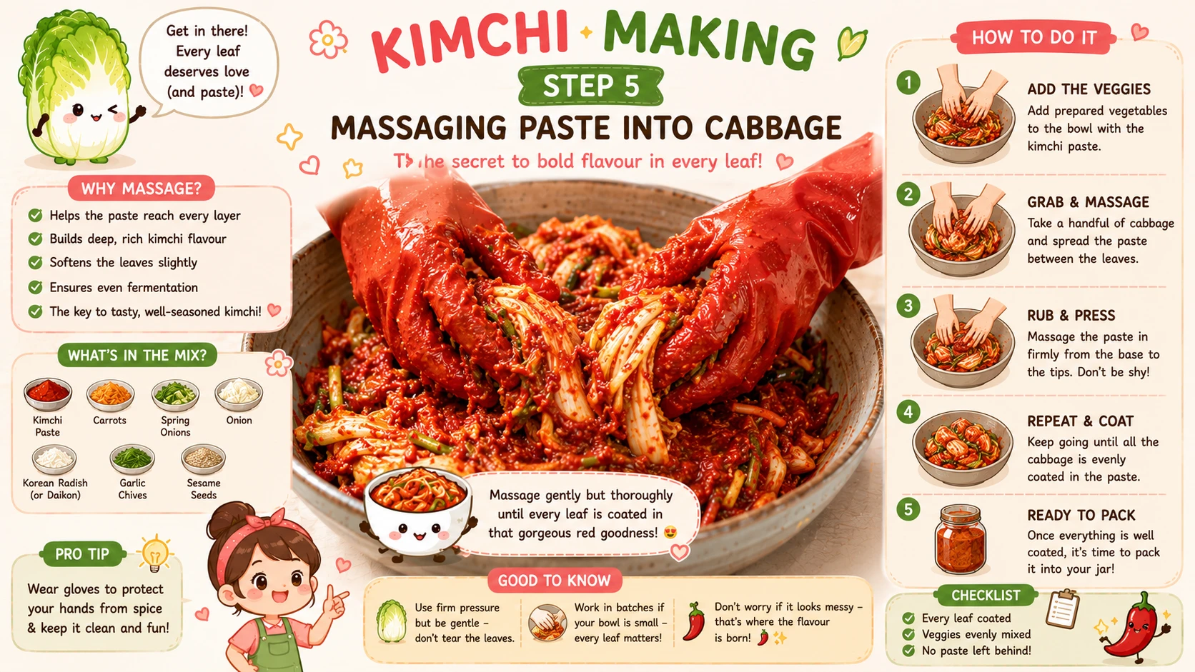 Gloved hands massaging red kimchi paste into chopped cabbage and vegetables