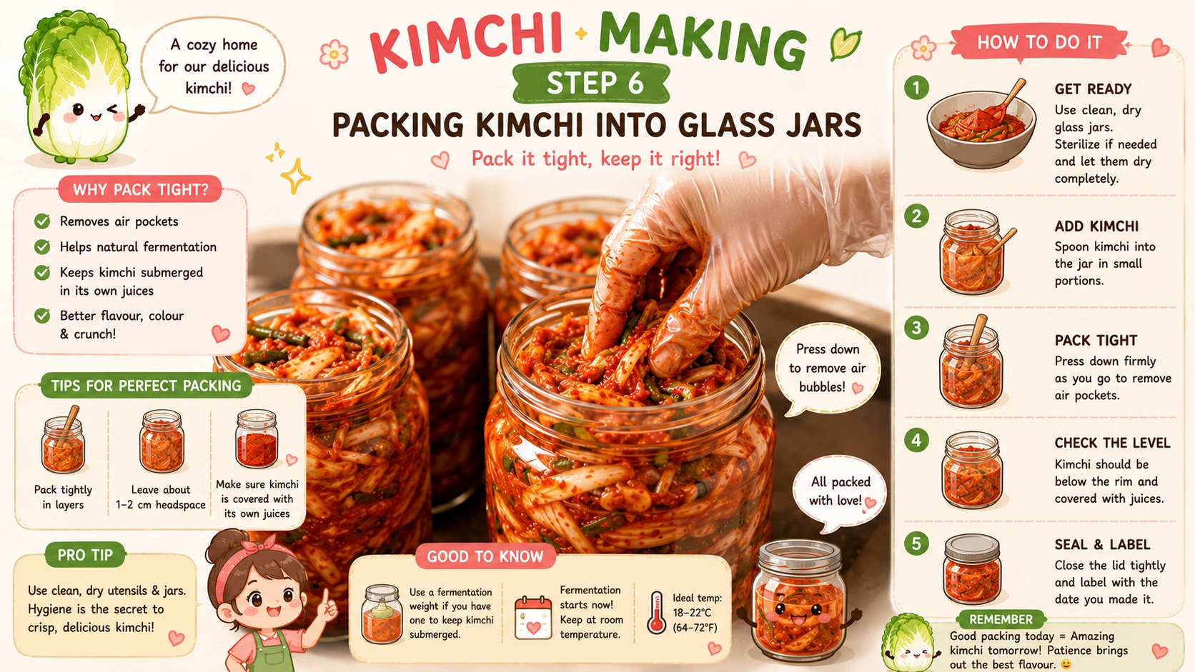 Freshly mixed kimchi being packed tightly into clean glass jars