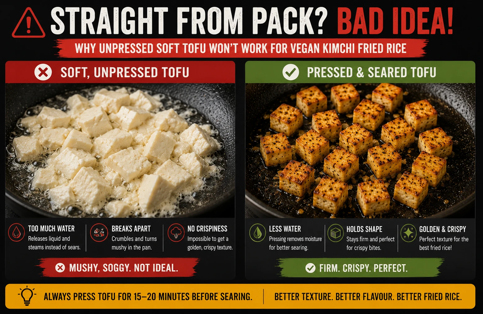 Straight from pack soft unpressed tofu comparison mushy result vegan kimchi fried rice