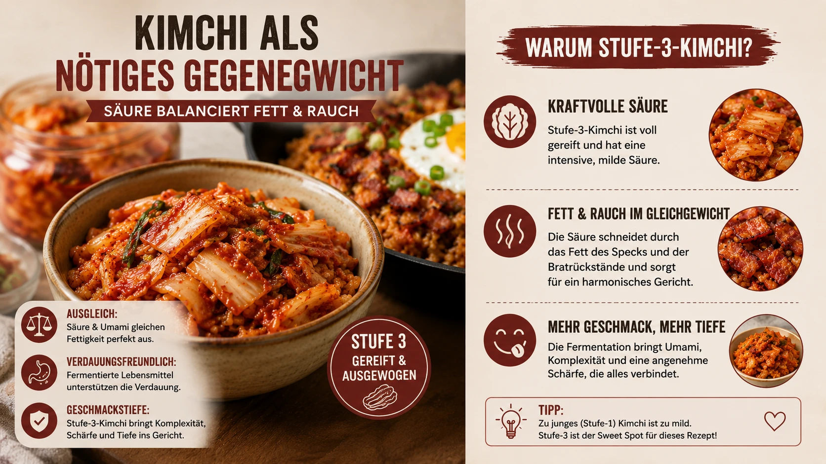 Gereiftes Kimchi balanciert die Fettigkeit des Specks aus