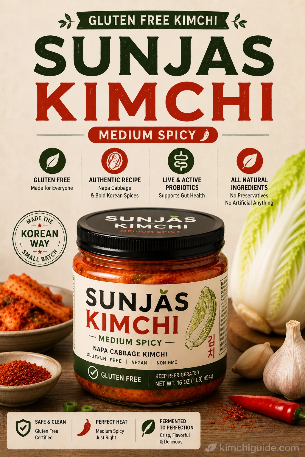 Sunjas Medium Spicy Kimchi jar gluten free kimchi brand