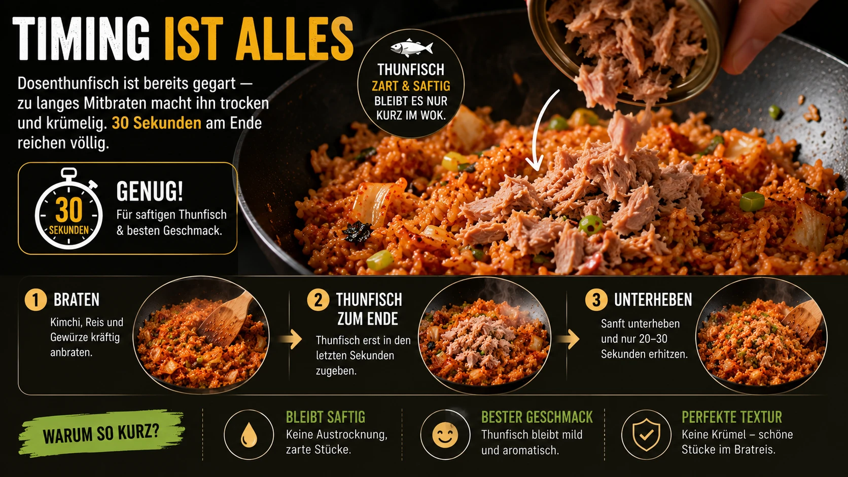 Thunfisch wird erst in den letzten Sekunden unter den Bratreis gehoben