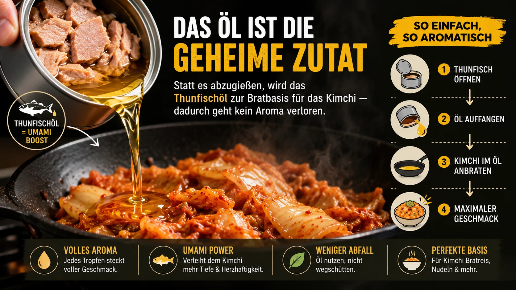 Aufgefangenes Thunfischöl als Bratbasis für Kimchi Bratreis