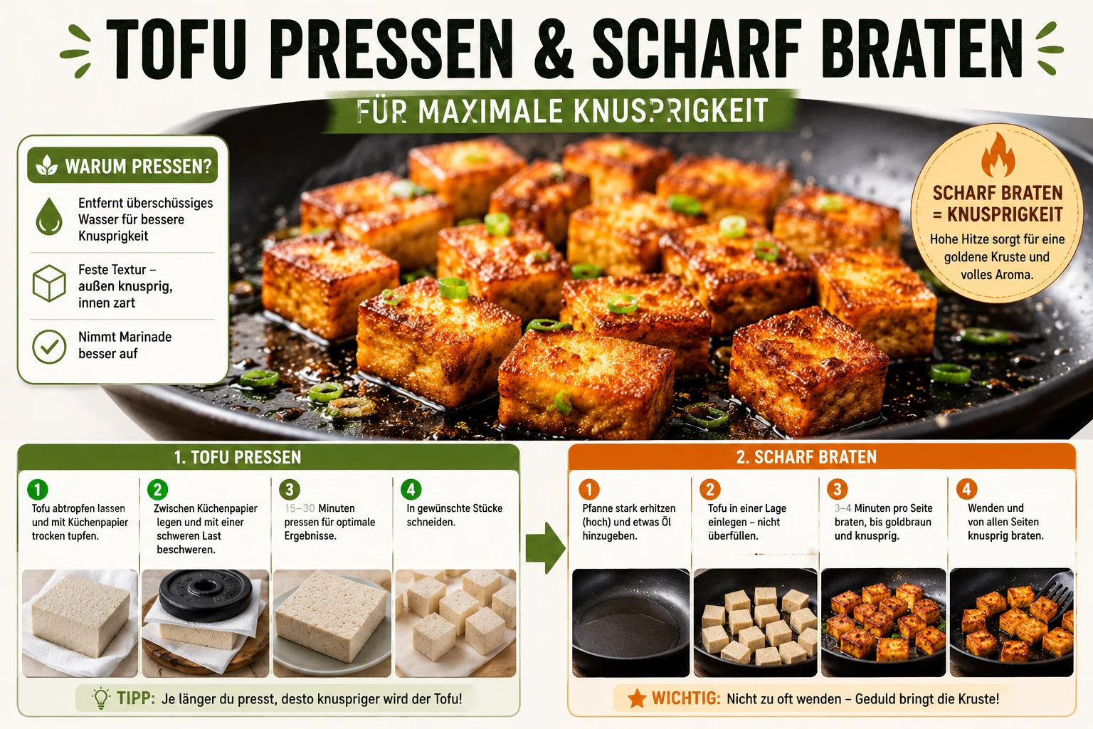 Tofu wird press-und-scharf gebraten für maximale Knusprigkeit
