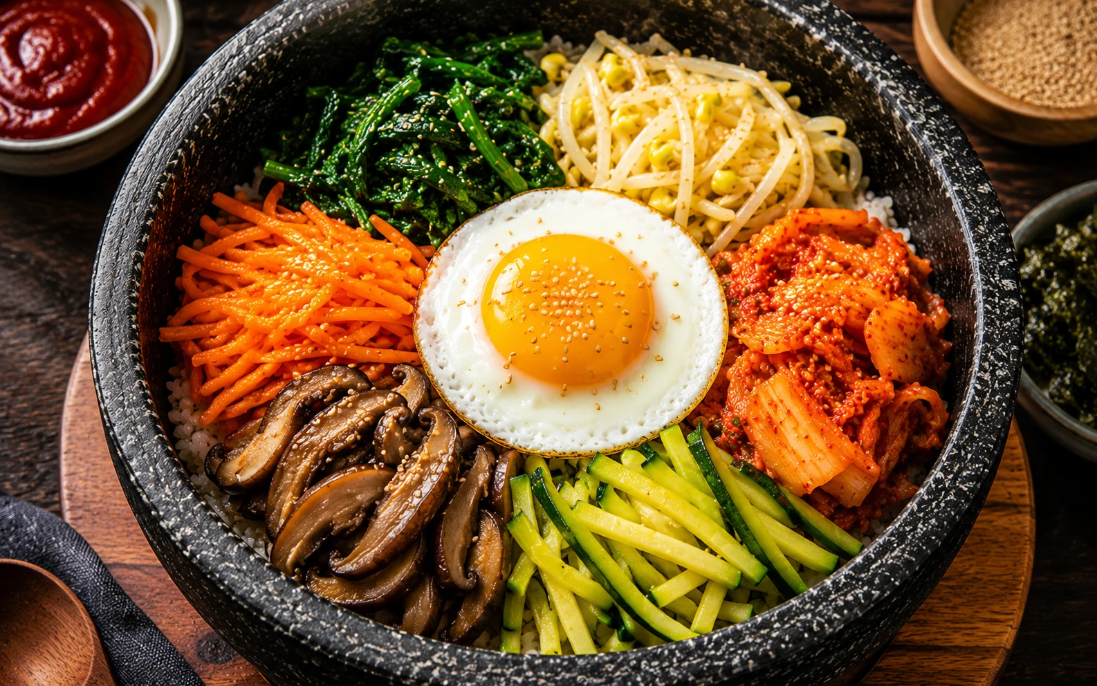 Rainbow namul vegetables arranged in traditional colour-wheel sections on kimchi bibimbap