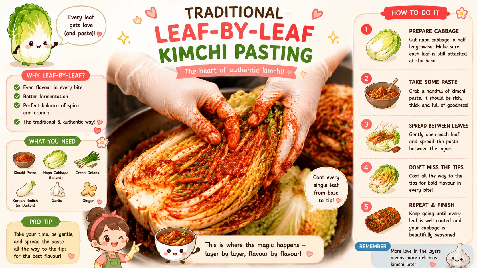 Hands spreading red kimchi paste between the leaves of a halved napa cabbage