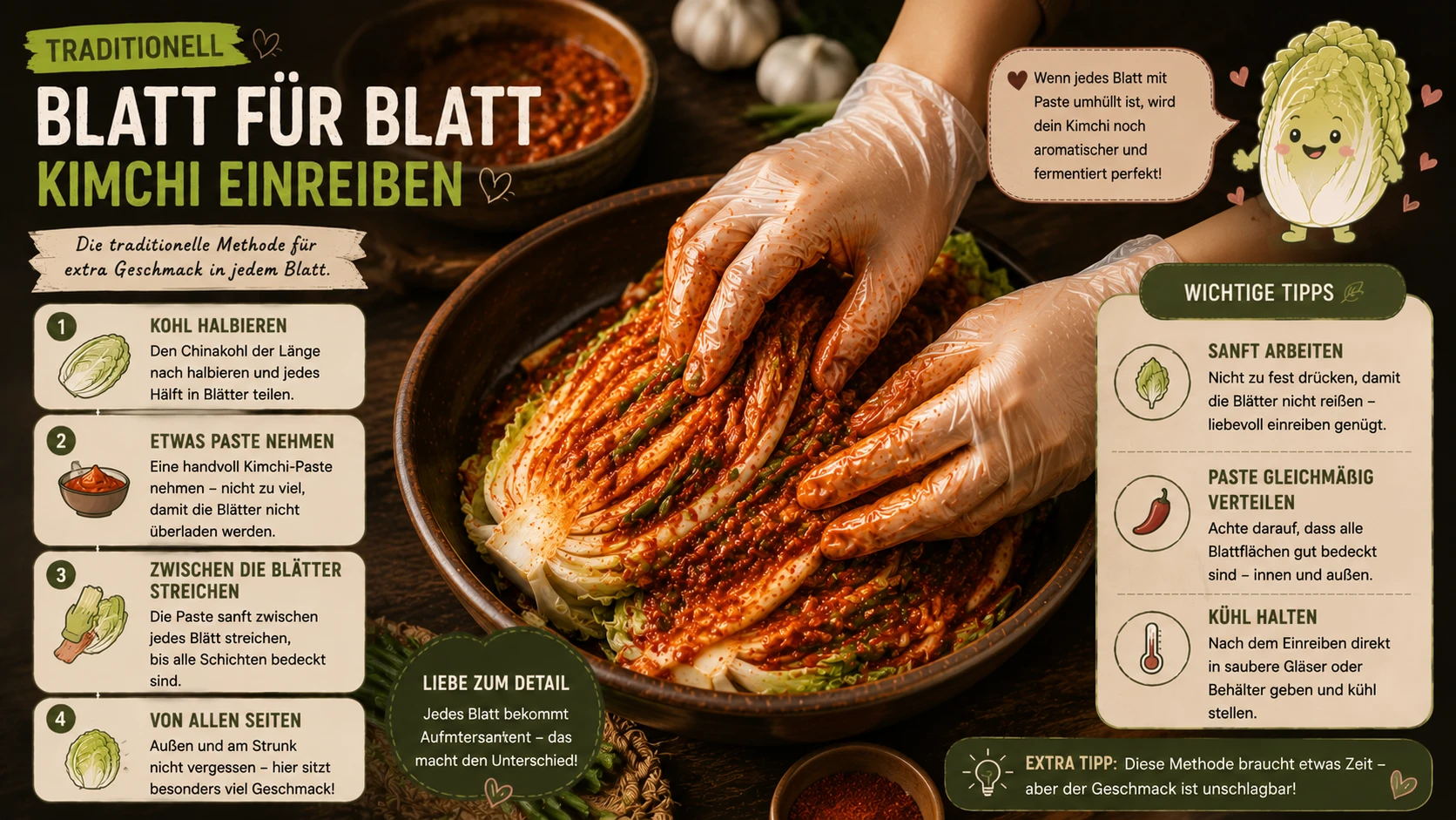 Hände streichen rote Kimchi-Paste zwischen die Blätter eines halbierten Chinakohls