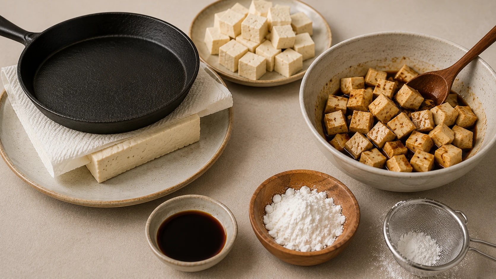 Pressing extra firm tofu and marinating with soy sauce cornstarch for vegan kimchi fried rice