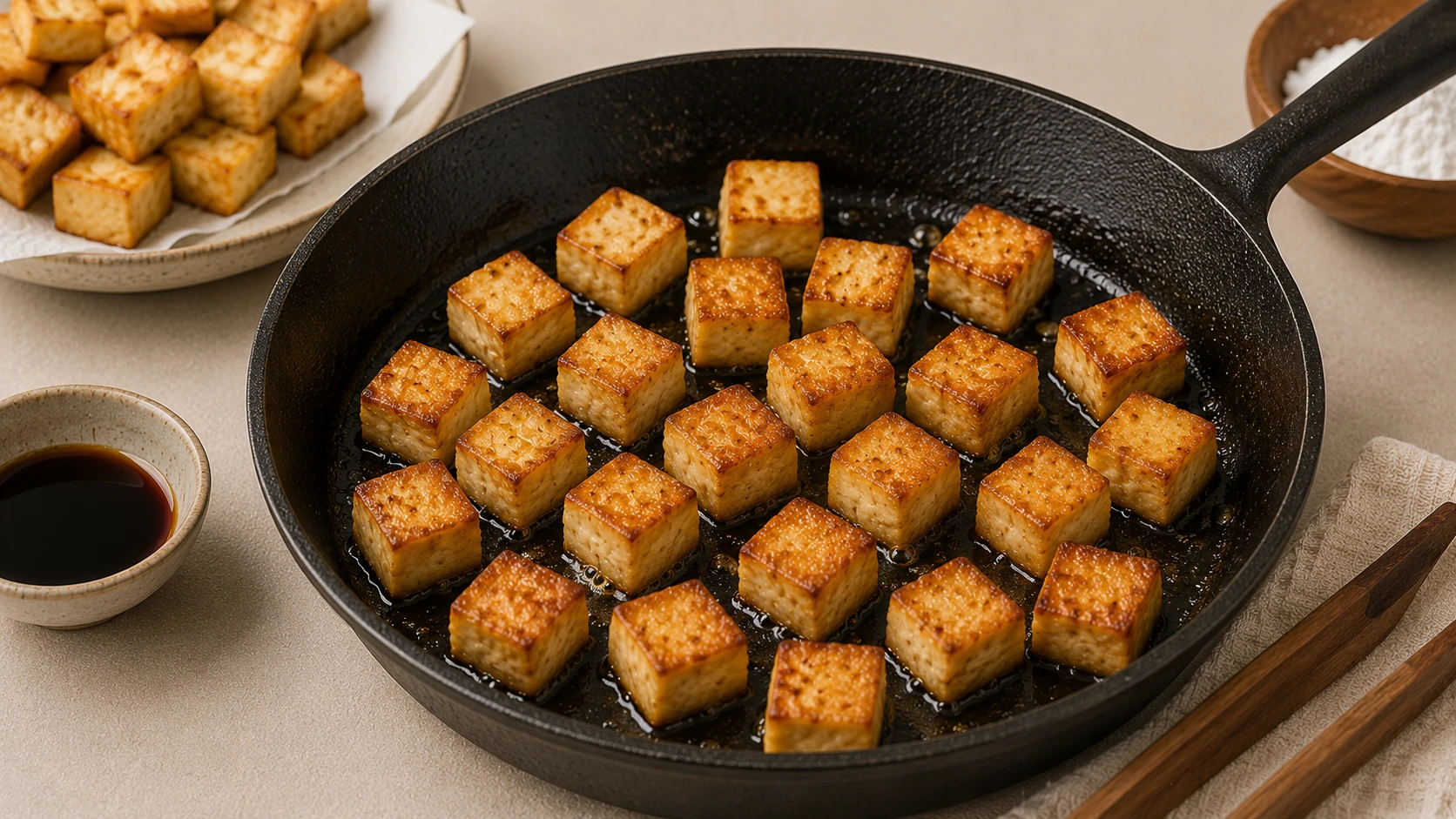 Tofu cubes crisp frying golden in cast iron pan separately for vegan kimchi fried rice