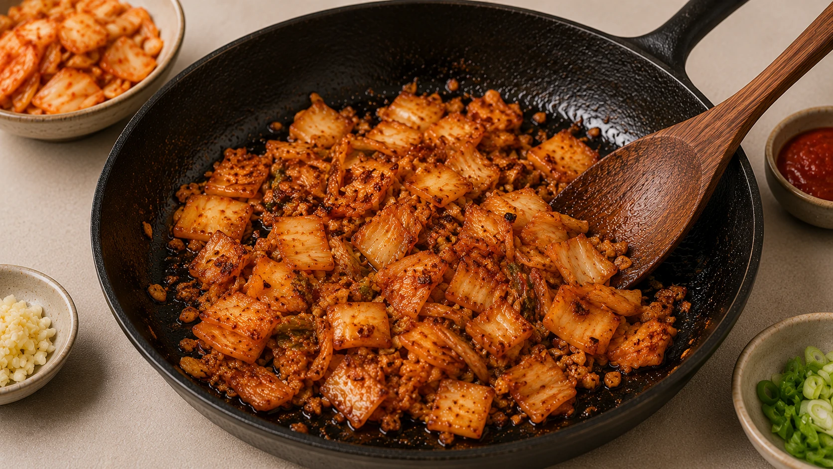 Vegan kimchi caramelising with garlic in same pan used for tofu vegan kimchi fried rice