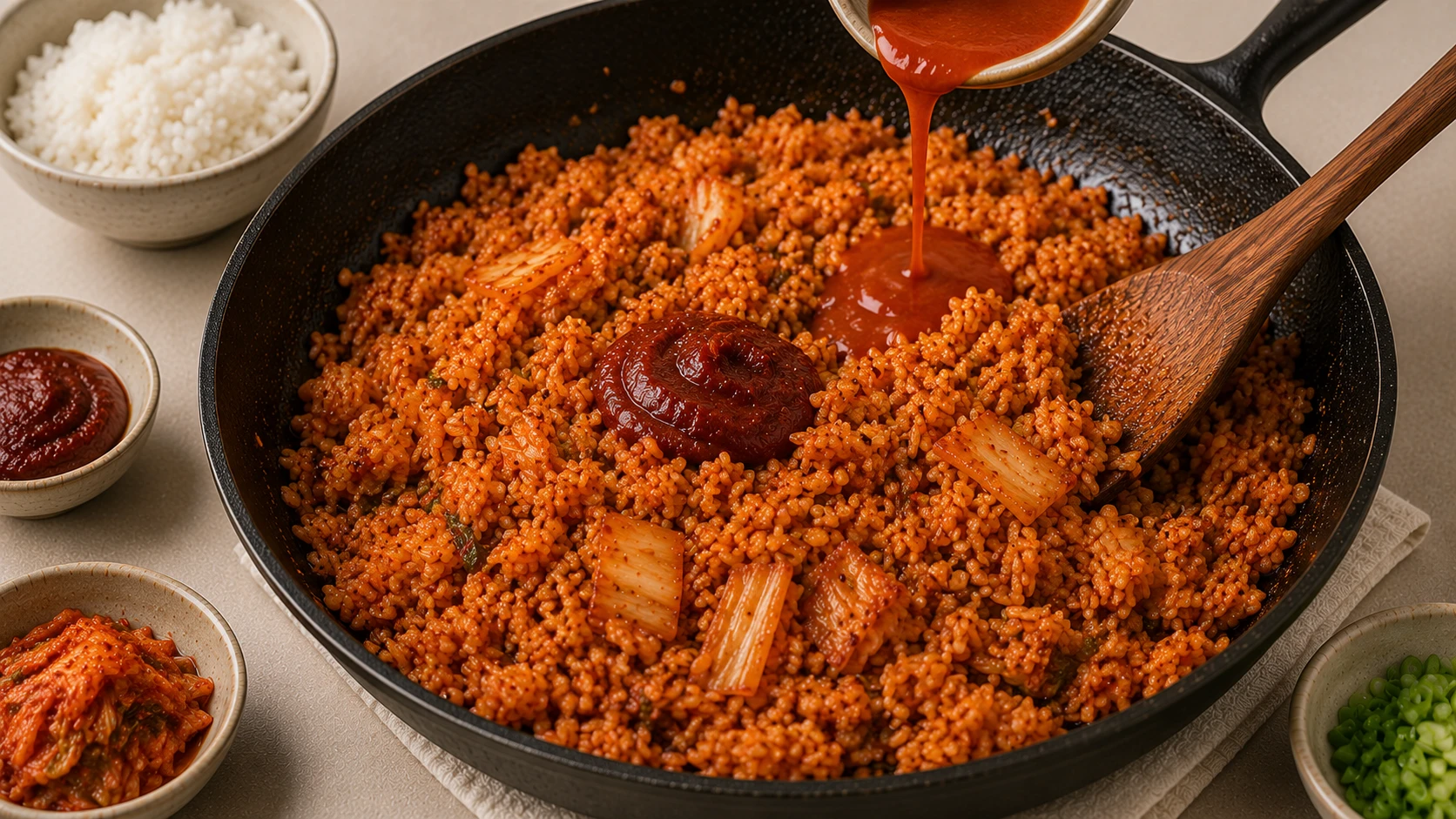 Cold rice being combined with caramelised vegan kimchi gochujang glossy sauce