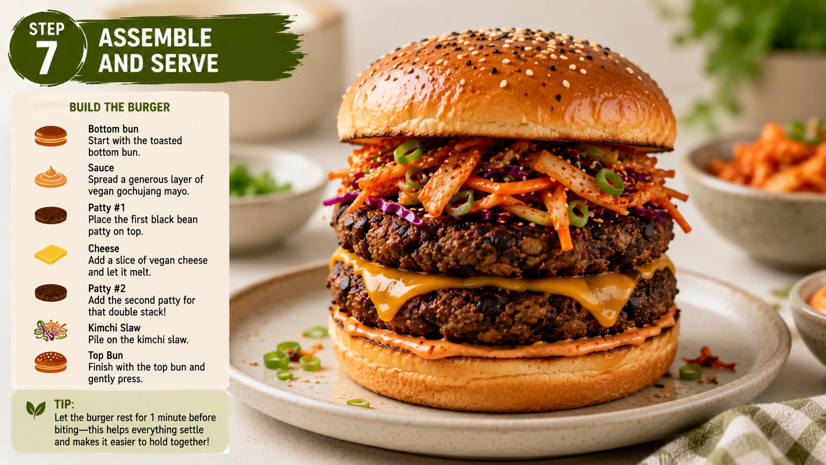 Assembling vegan kimchi burger layering gochujang mayo black bean patty and kimchi slaw