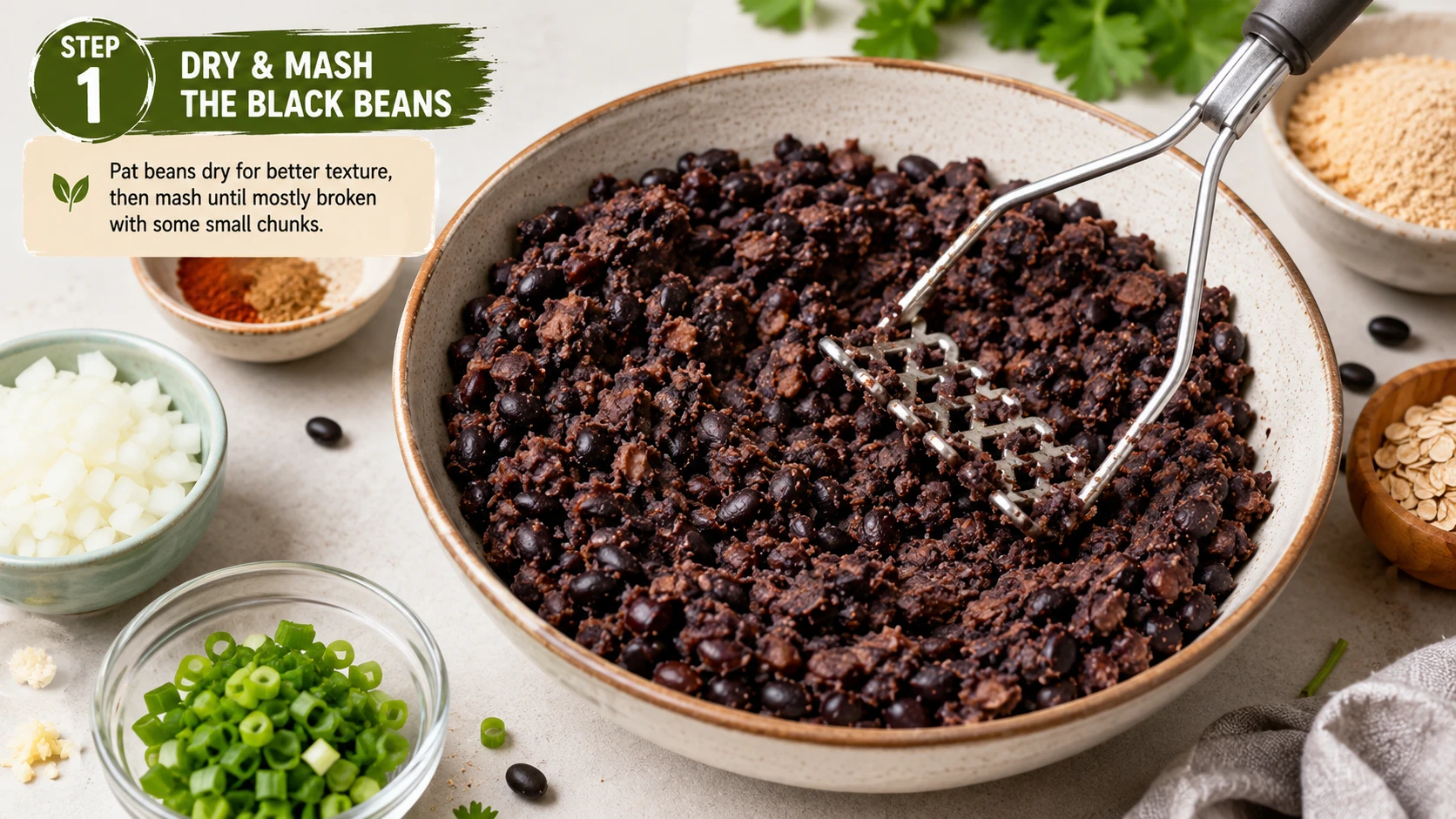 Black beans being pan dried and mashed for vegan kimchi burger patty mixture