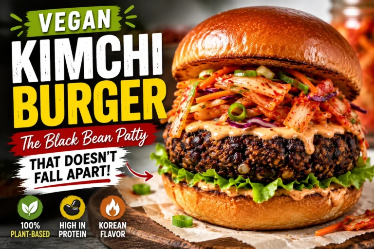 Gourmet vegan kimchi burger made with crispy homemade black bean patties, creamy vegan gochujang mayo, tangy napa cabbage kimchi slaw, melted dairy-free cheese and a golden toasted sesame bun served on a light marble countertop with Korean-inspired toppings.