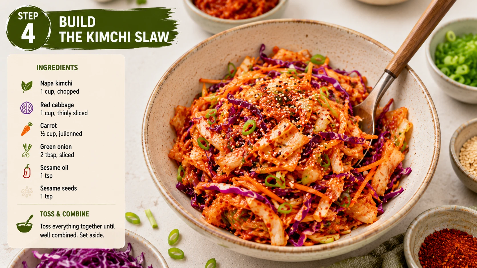 Jeotgal free vegan kimchi slaw being tossed with napa cabbage and sesame seeds