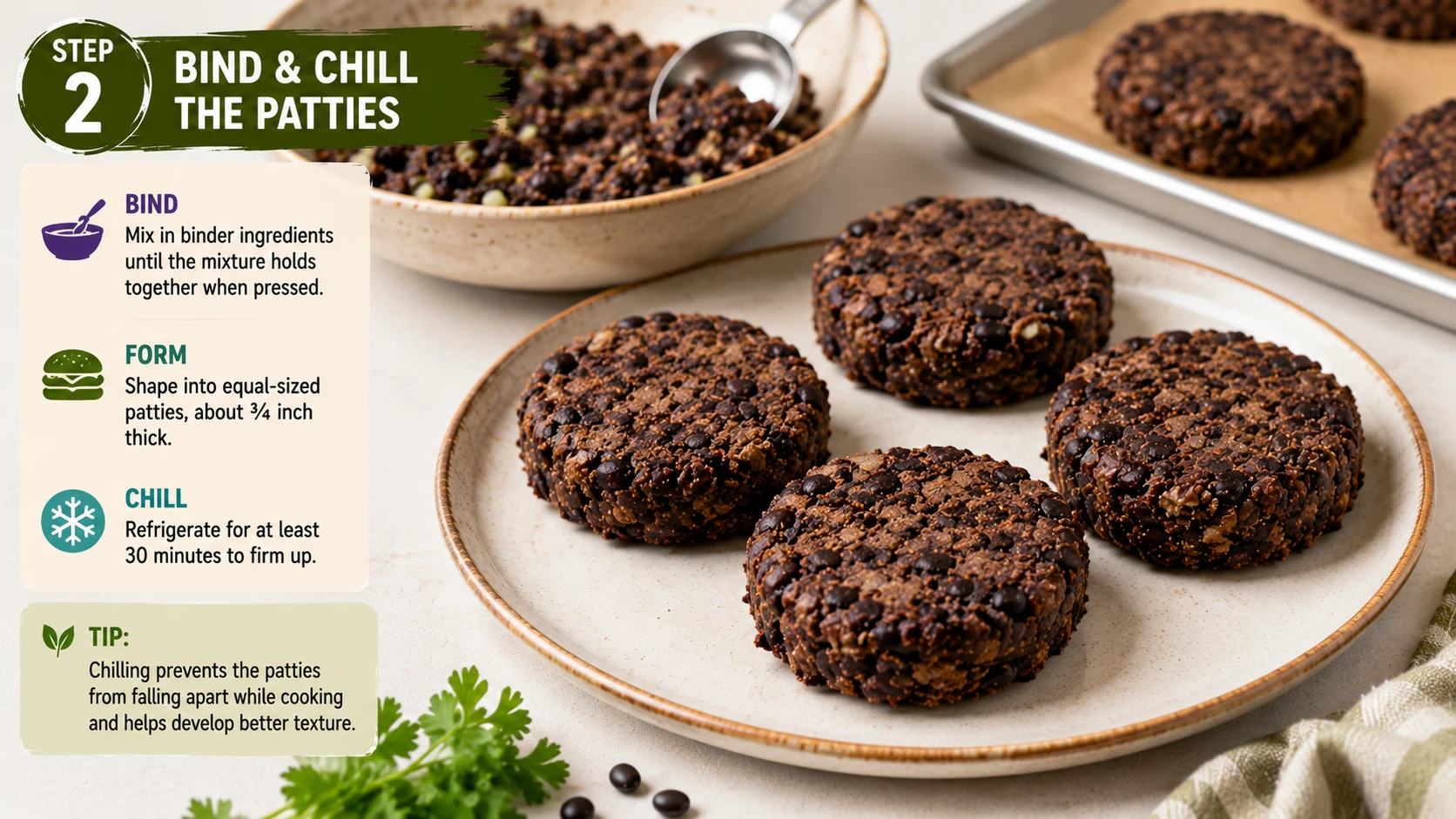 Two vegan black bean patties formed and chilling on a plate before pan frying
