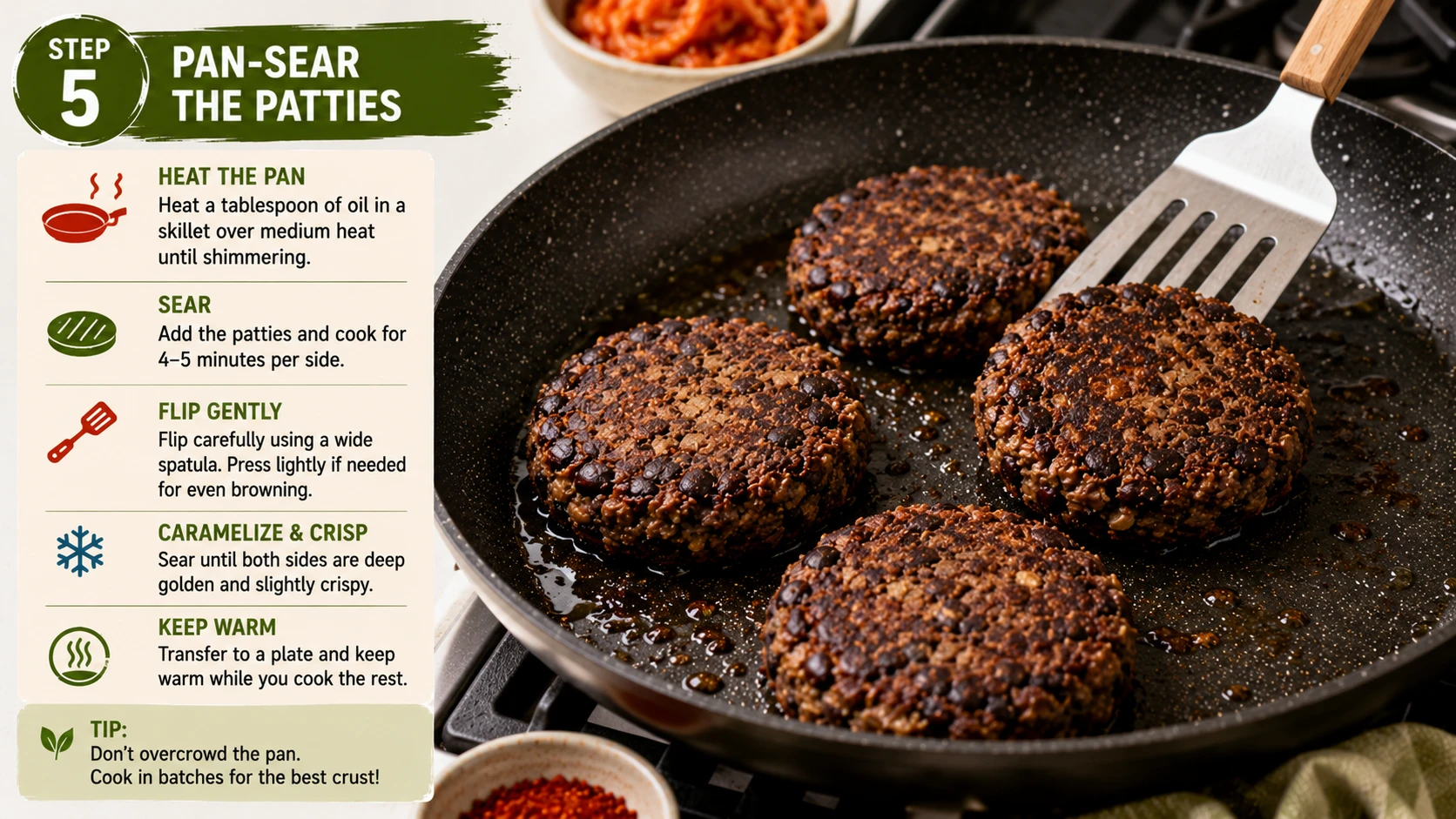 Vegan black bean patty pan searing in a non stick pan developing a firm dark crust
