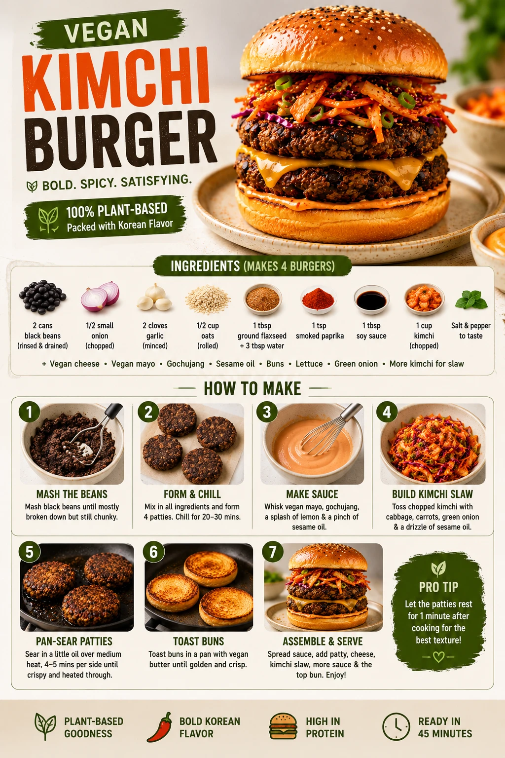 Overhead shot of vegan kimchi burger with black bean patty, gochujang mayo, kimchi slaw and vegan brioche bun — Pinterest recipe card
