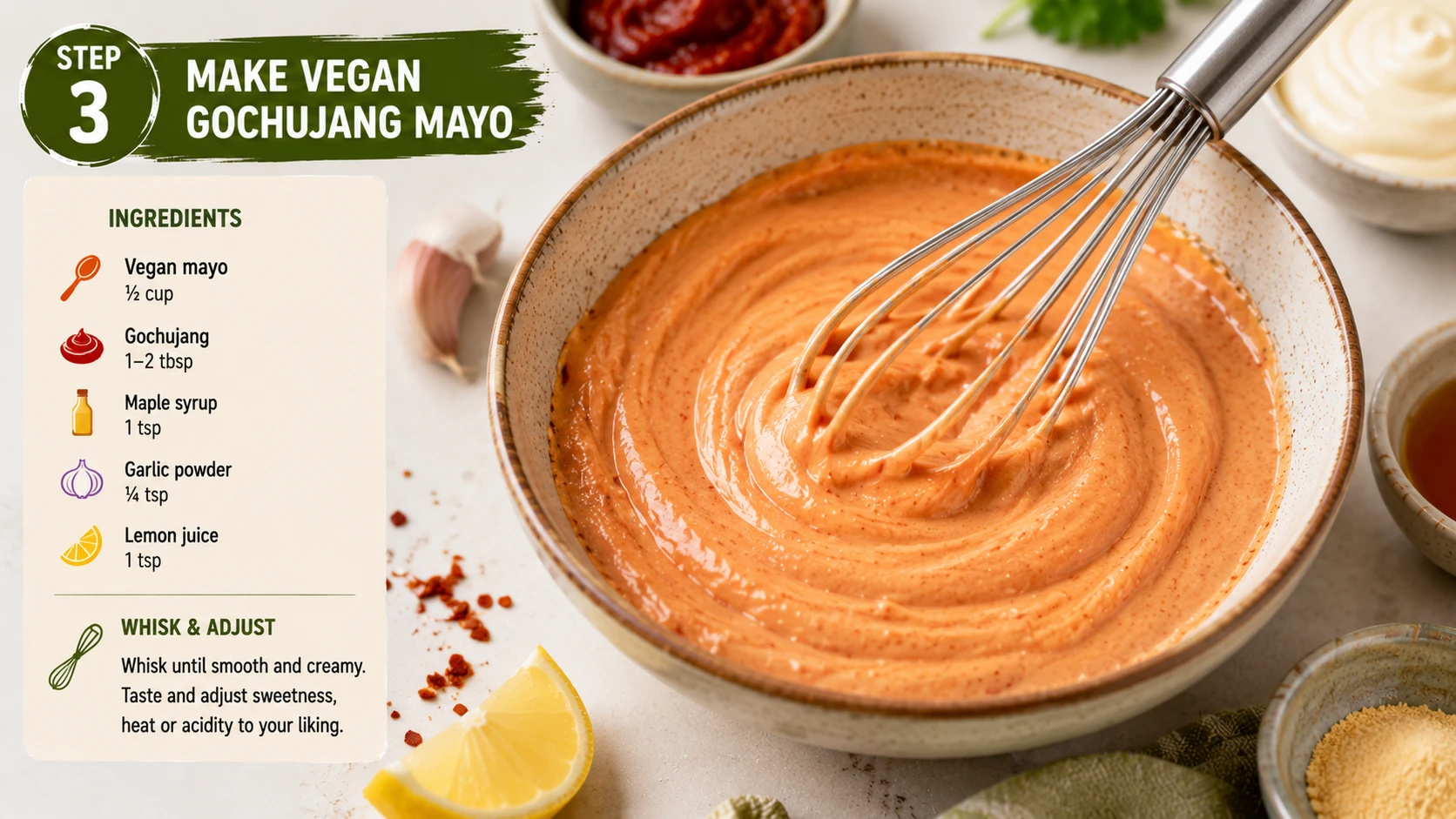 Vegan gochujang mayo being whisked with vegan mayo gochujang sesame oil and rice vinegar