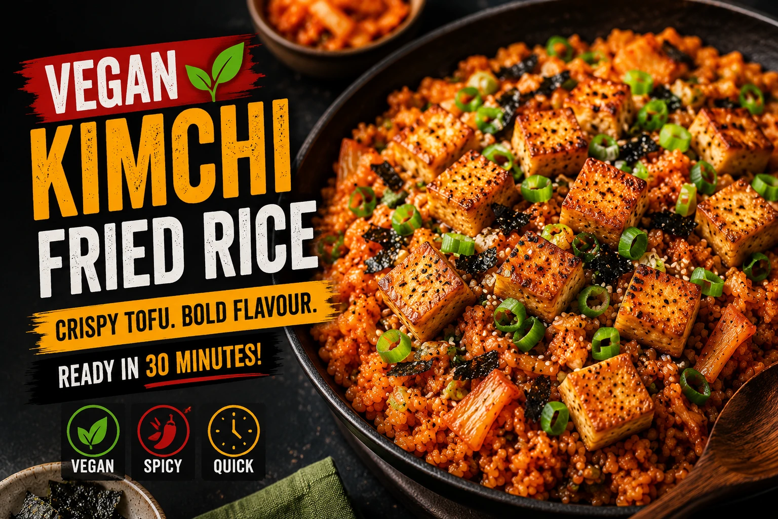 Vegan kimchi fried rice crispy tofu plant based
