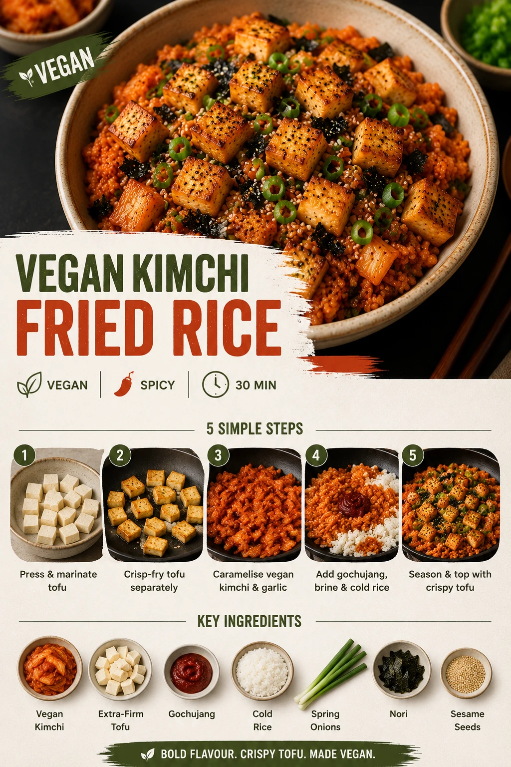 Vegan kimchi fried rice crispy tofu cubes sesame seeds spring onions plant based