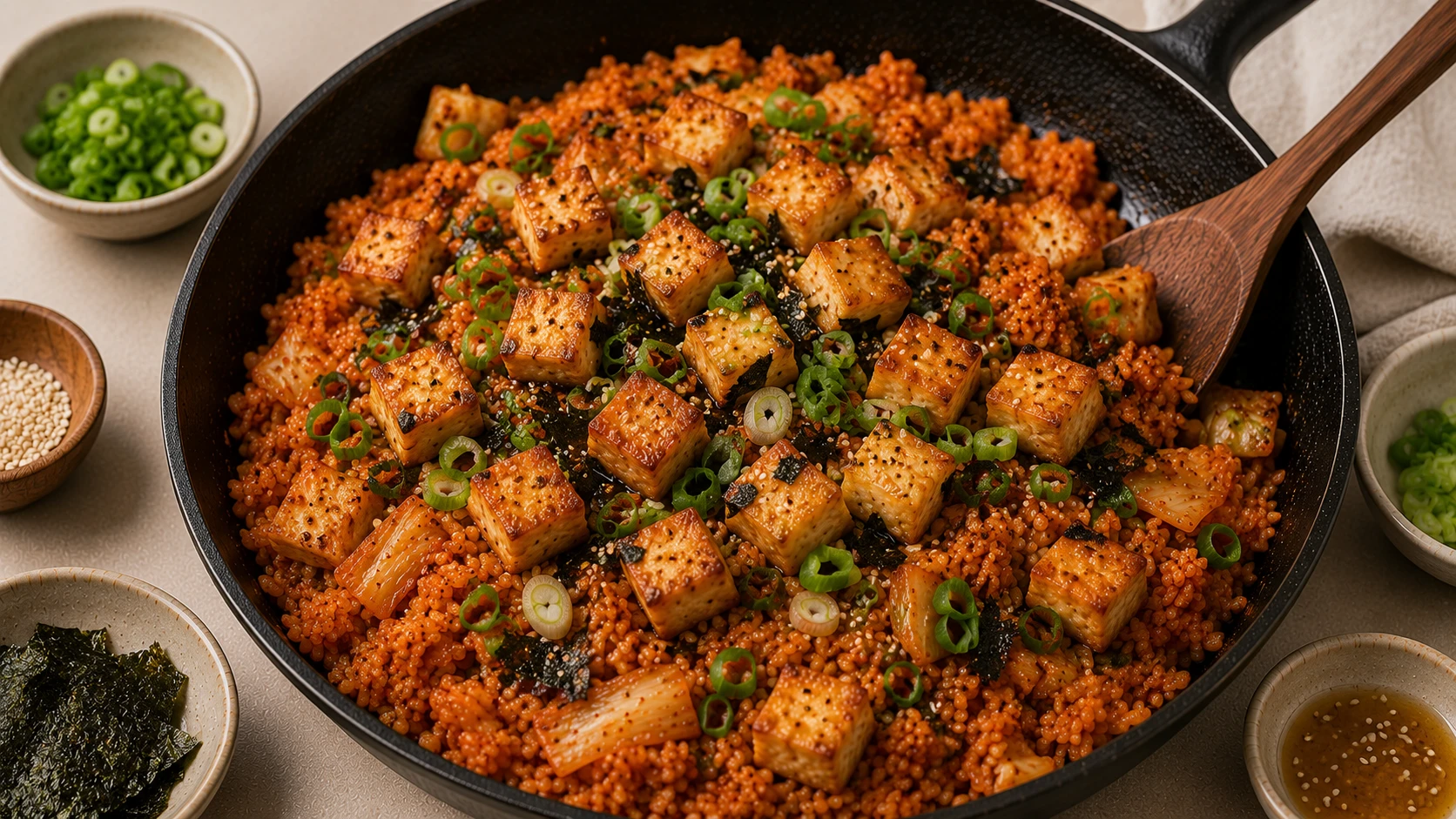 Vegan kimchi fried rice plated with crispy tofu spring onions sesame seeds nori
