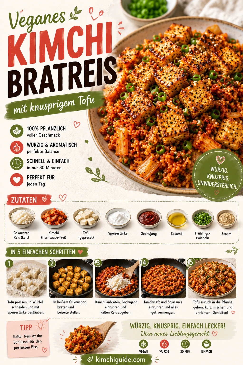 Veganes Kimchi Bratreis mit knusprigem Tofu, Frühlingszwiebel und Sesam — Rezeptkarte
