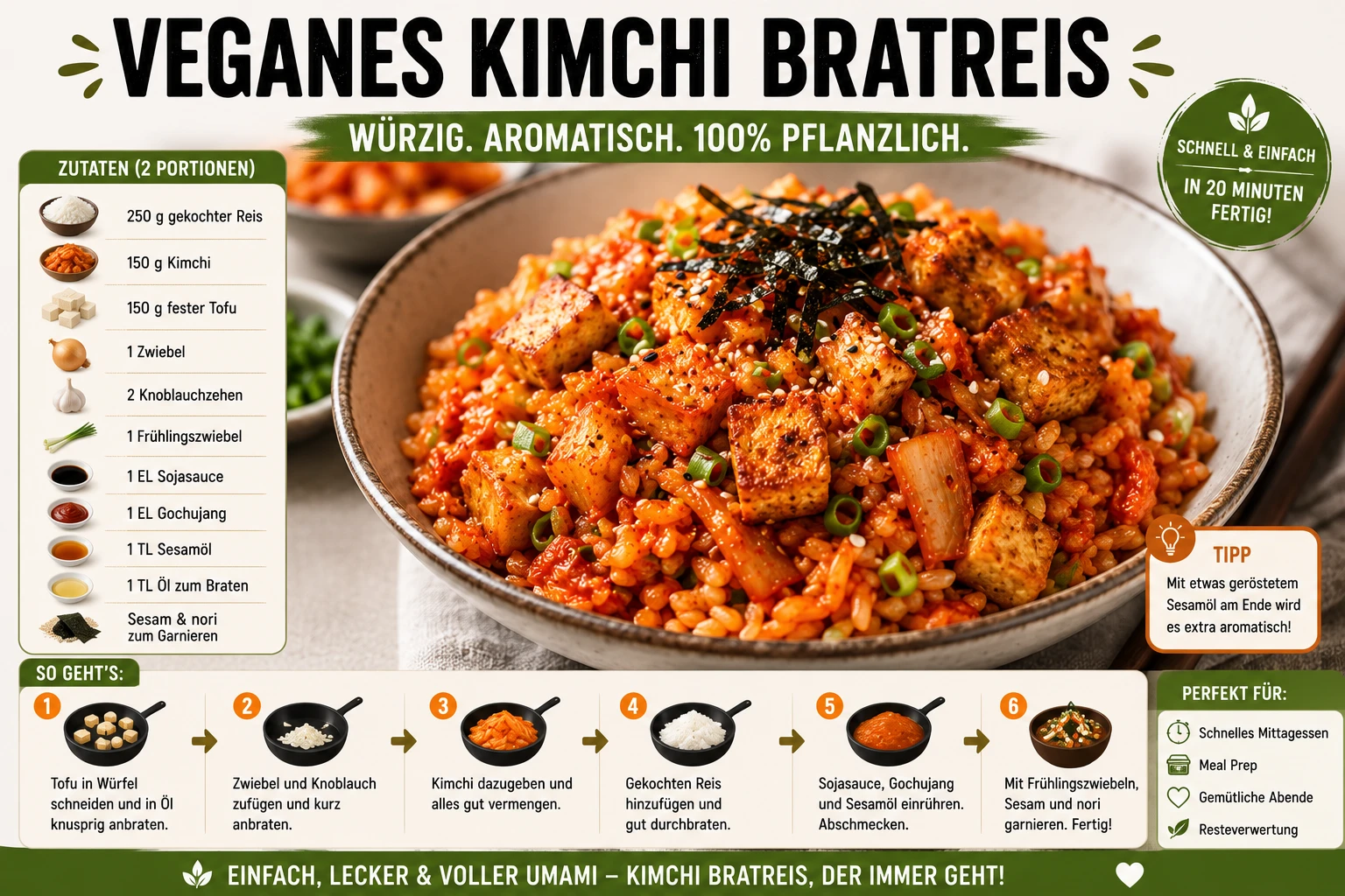 Fertiges veganes Kimchi Bratreis mit knusprigem Tofu