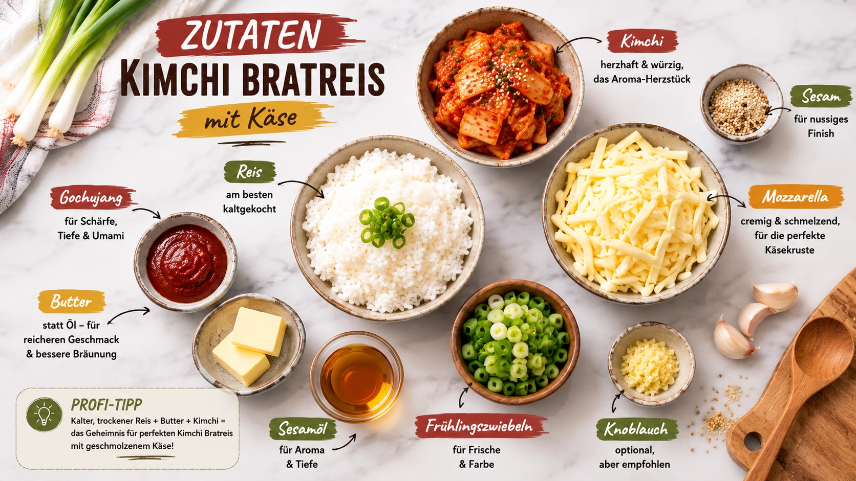 Alle Zutaten für Kimchi Bratreis mit Käse übersichtlich angeordnet: Reis, Kimchi, Gochujang, Butter, Mozzarella, Sesamöl, Frühlingszwiebeln und Sesam
