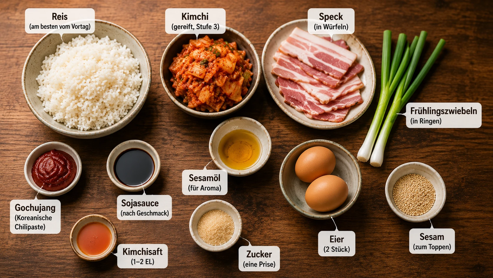Alle Zutaten für Kimchi Bratreis mit Speck auf einen Blick — Reis, Speck, Kimchi, Gochujang, Sesamöl, Eier, Frühlingszwiebeln und Sesam