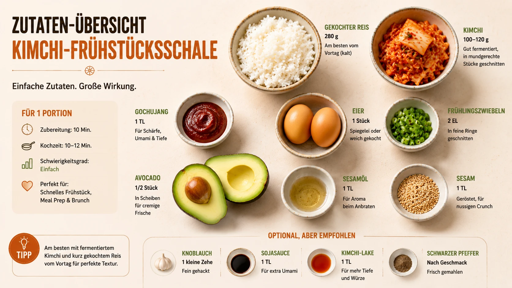 Alle Zutaten für die Kimchi-Frühstücksschale übersichtlich angeordnet: Reis, Kimchi, Gochujang, Eier, Avocado, Frühlingszwiebeln und Sesam