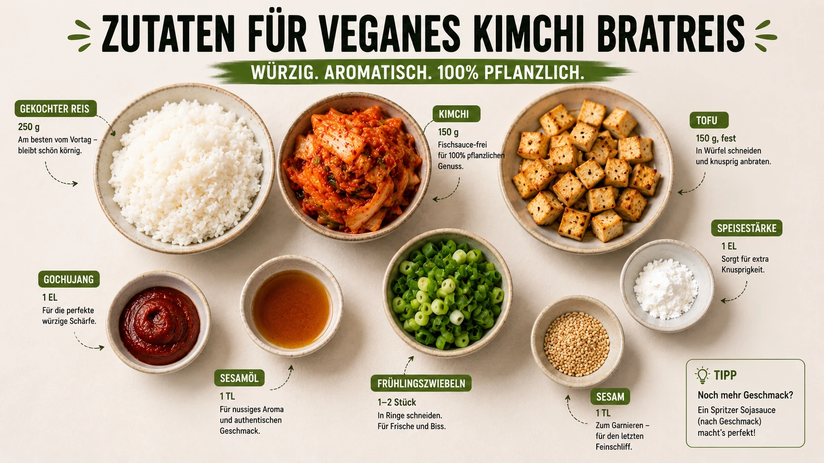 Alle Zutaten für veganes Kimchi Bratreis übersichtlich angeordnet: Reis, fischsauce-freies Kimchi, Tofu, Speisestärke, Gochujang, Sesamöl, Frühlingszwiebeln und Sesam