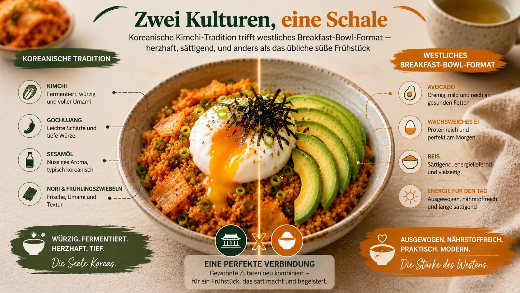 Fertige Kimchi-Frühstücksschale mit Ei und Avocado