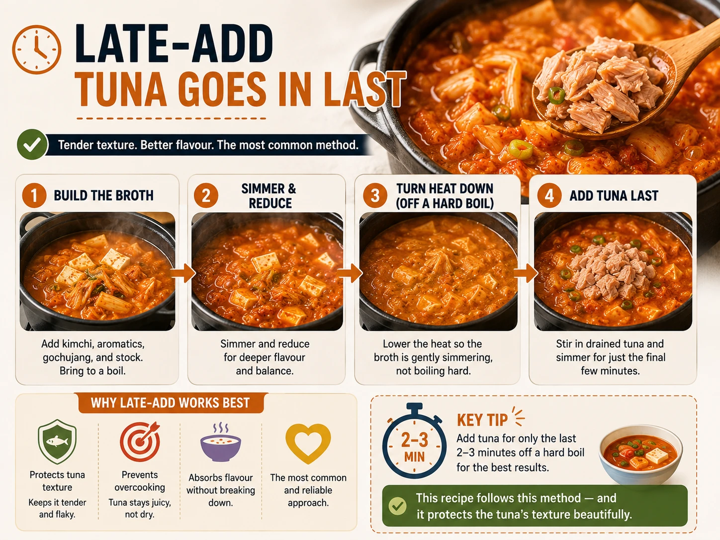 Late add tuna technique for tender texture kimchi jjigae