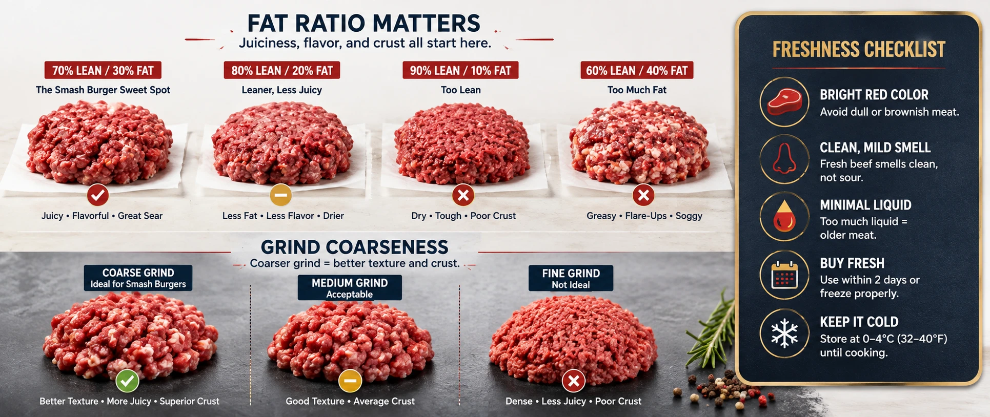 Ground beef fat ratios and grind coarseness comparison